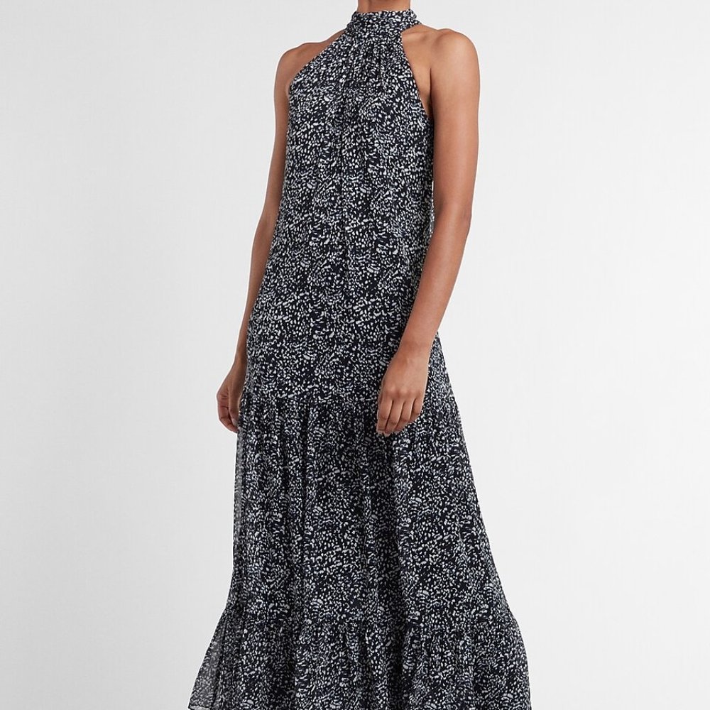 EXPRESS Printed High Neck Tie Back Tiered Maxi Dress NWT Small Cottagecore